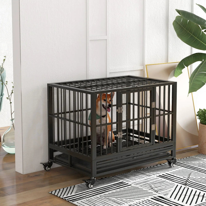 Pawhut - 36" Heavy Duty Dog Crate Metal Cage Kennel With Lockable Wheels, Double Door And Removable Tray - Gray by HouseOfZazla