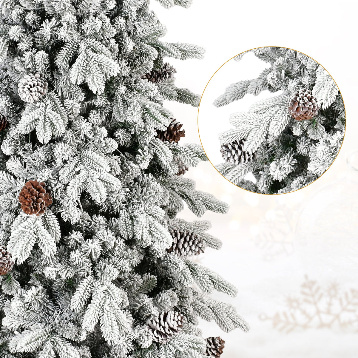 9 Ft Flocked PE/PVC Christmas Tree with Real Pine Cones - Snowy Finish, photo 5 of 9