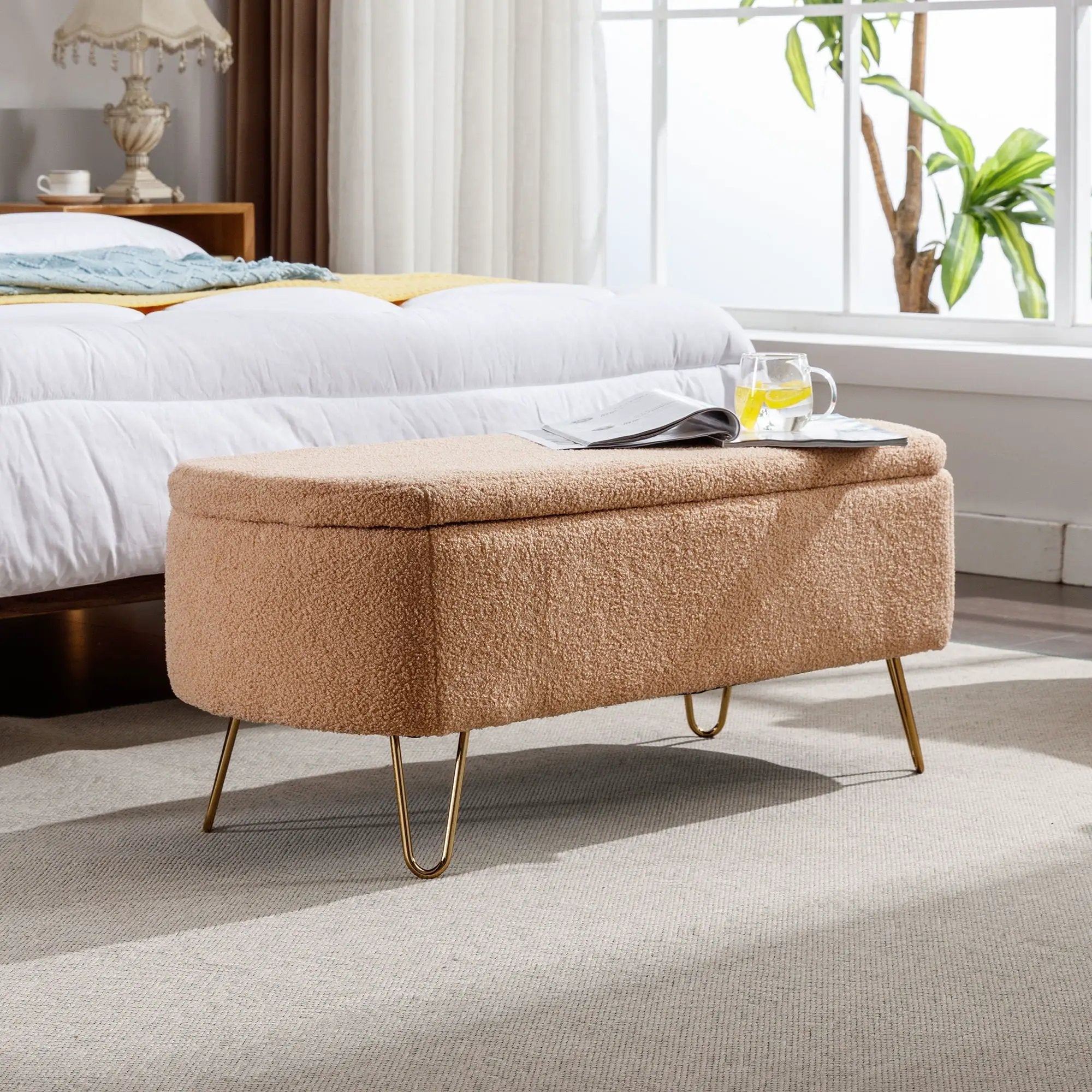 Storage Ottoman Bench For End Of Bed Legs, Modern Camel Faux Fur Entryway Bench Upholstered Padded With Storage For Living Room Bedroom by Unique Piece Furniture