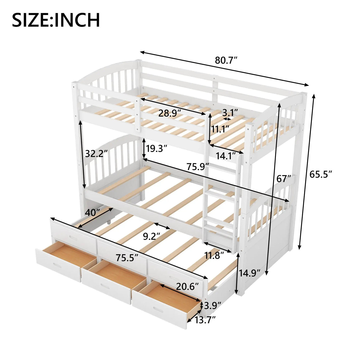 Bunk Bed With Trundle And Drawers, Arched Headboard And Footboard by HouseOfZazla