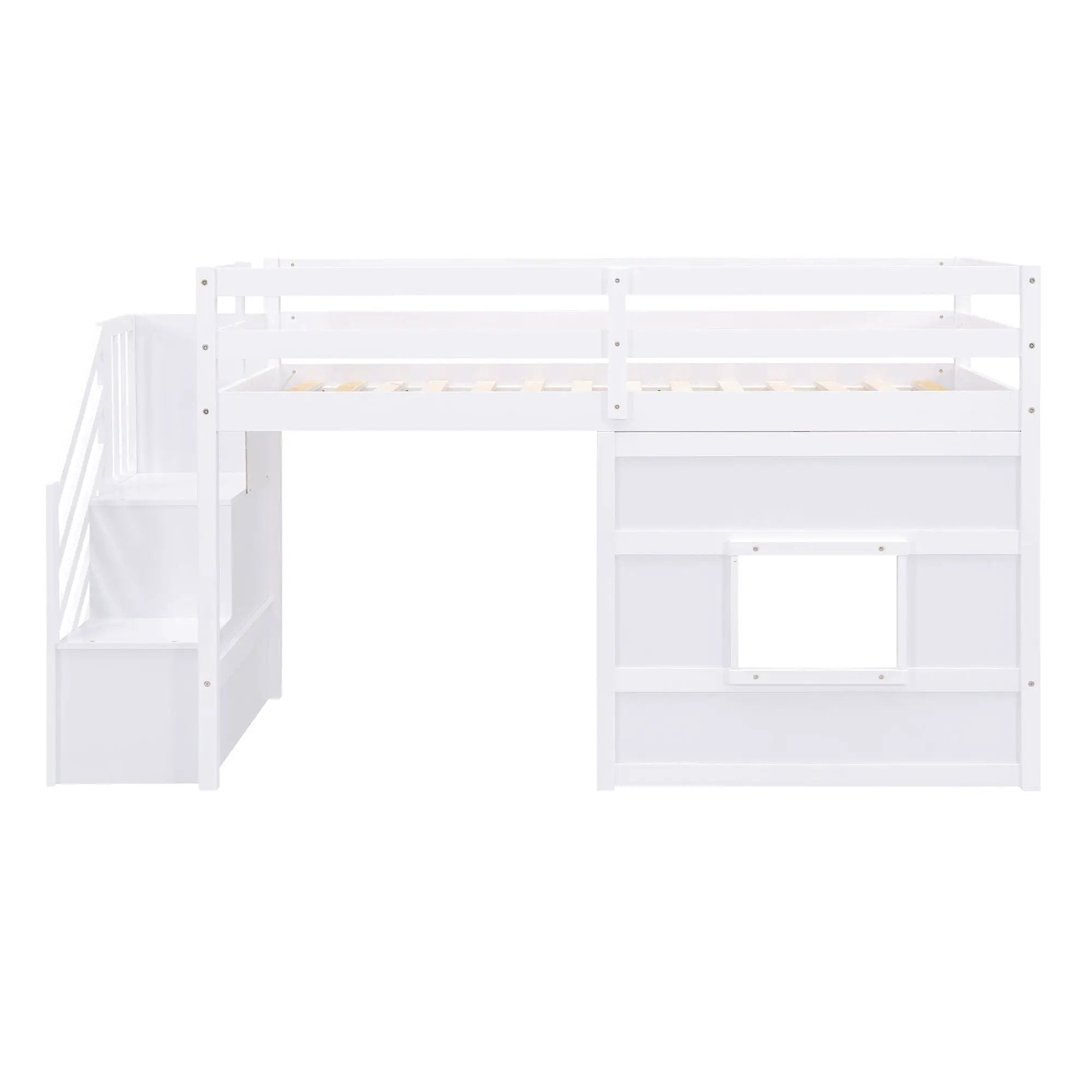 Loft Bed With Storage Staircase, Window & LED Light