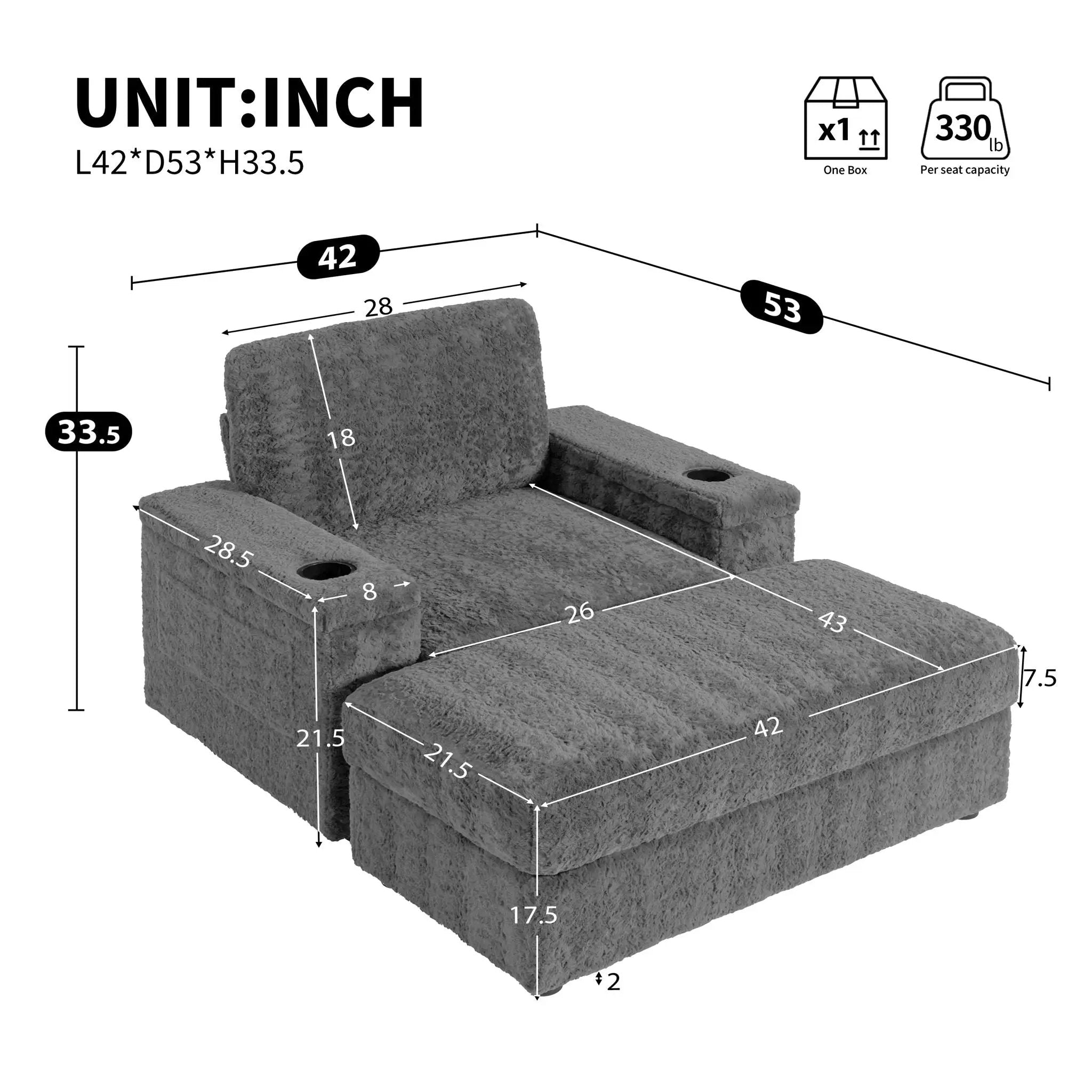 Oversized Chaise Lounge Indoor Rabbit Fur Sofa Bed With Storage Ottoman And Armrests Cup Holders With Deep Seat by Unique Piece Furniture