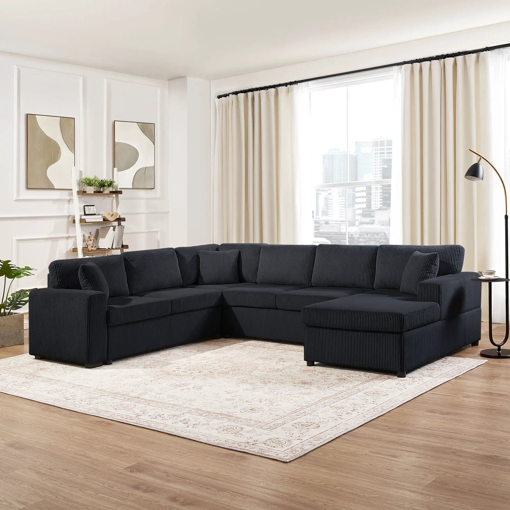 Oversized Sectional U-Shaped Sofa With Chaise Lounge And Three Soft Throw Pillows by Unique Piece Furniture