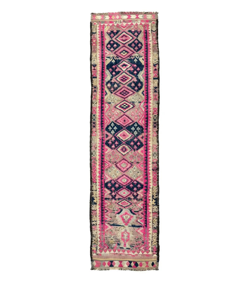 Turkish Runner Rug 3x10, Pink and Navy Blue, Bohemian Runner for Hallway or Kitchen, Vintage, Geometric, Tribal by Jewel Rugs