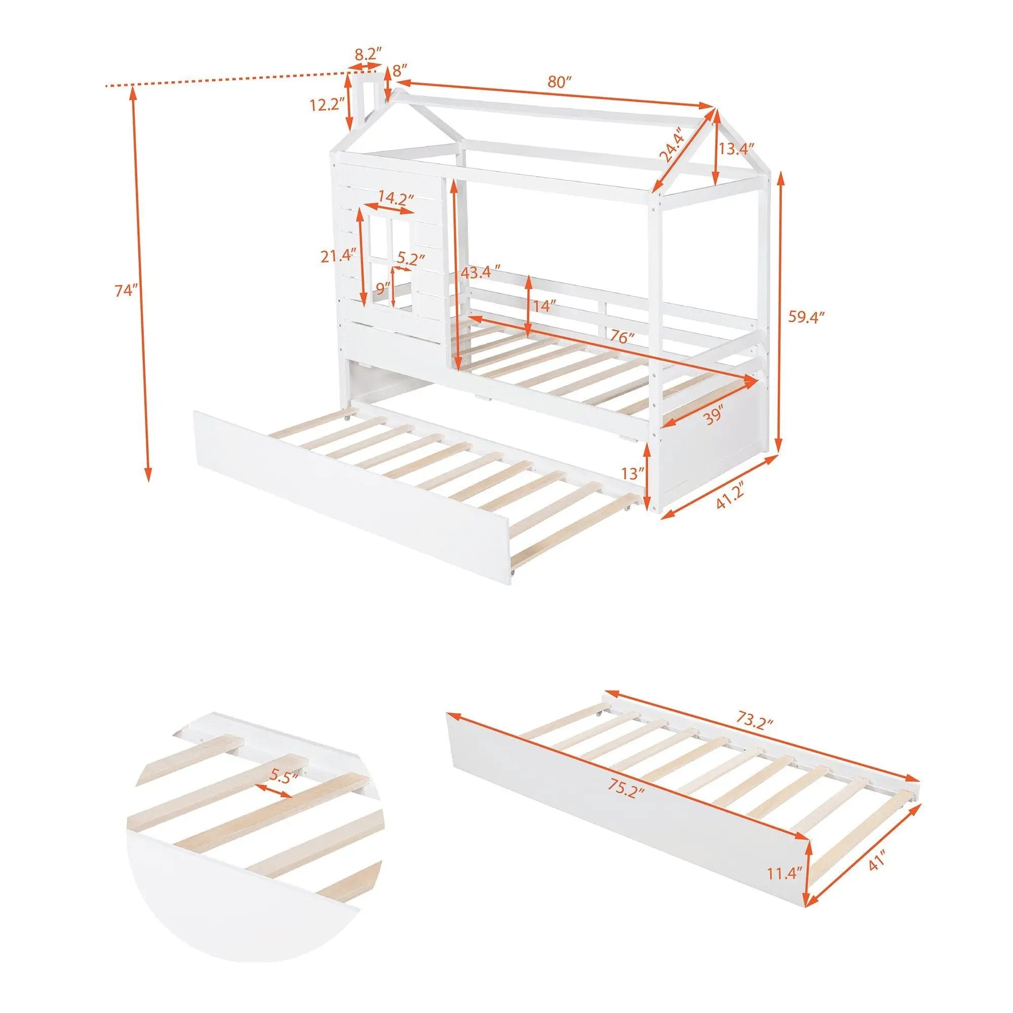 Twin Size Classic House Bed With Twin Size Trundle - White by HouseOfZazla