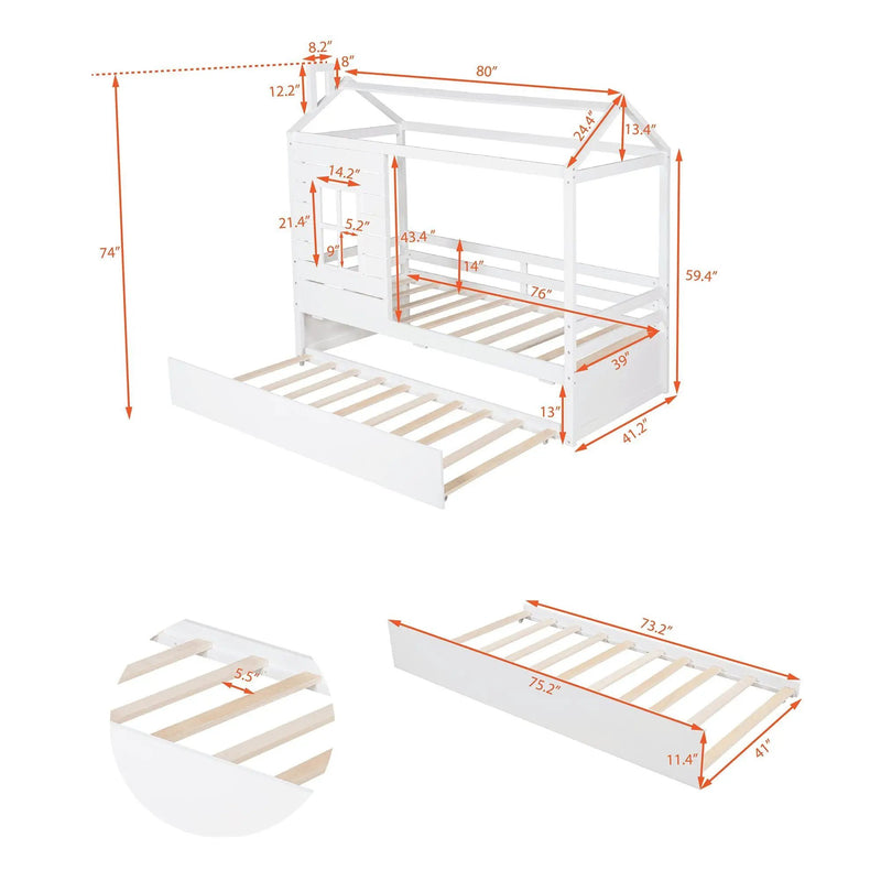 Twin Size Classic House Bed With Twin Size Trundle - White by HouseOfZazla