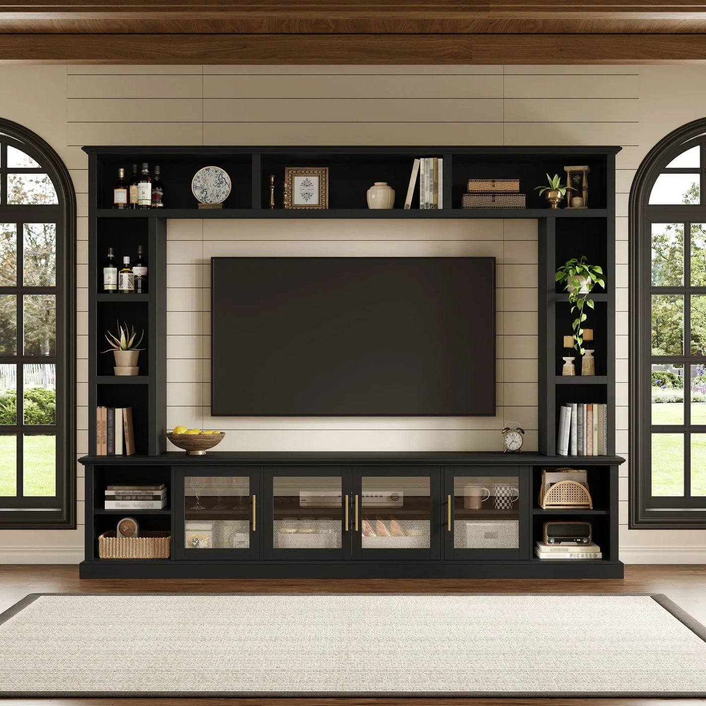 All-In-One Entertainment Center With Bookshelves & Tempered Glass Doors, TV Console Unit For Living Room by Unique Piece Furniture