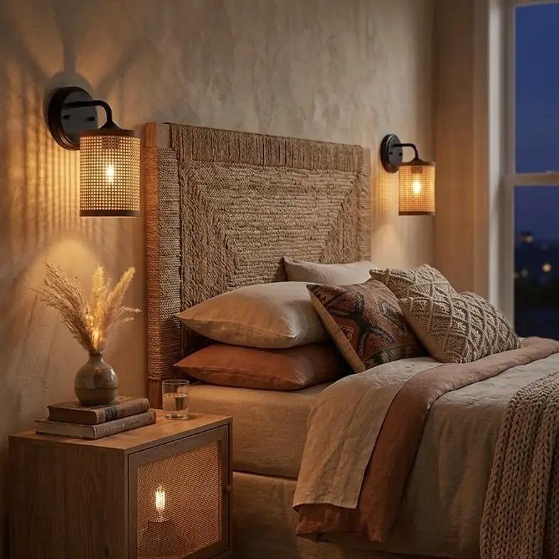 Reef - Single Lights Wall Sconce With Natural Shade Rustic Wicker Wall Light - Black / Rattan by HouseOfZazla