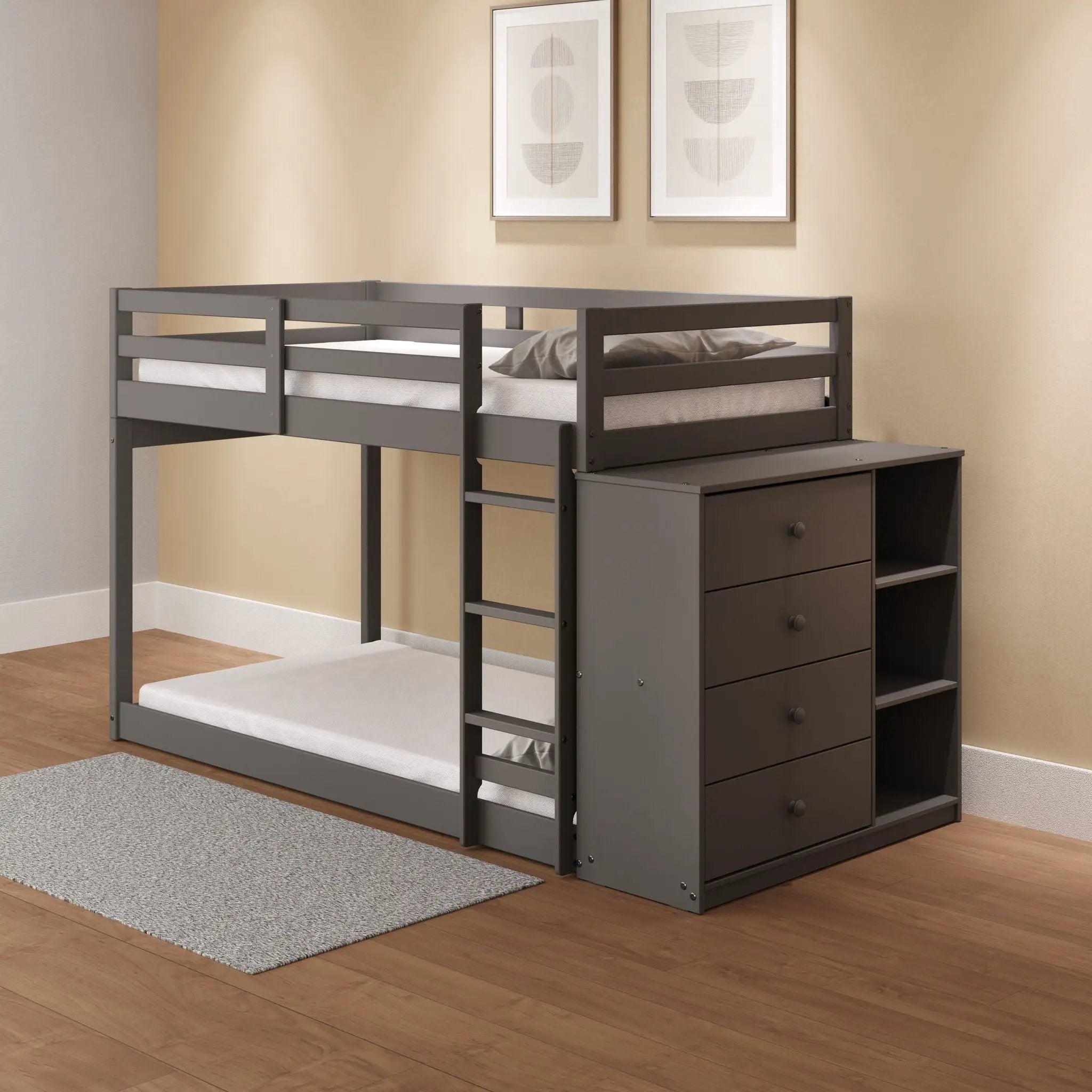 Gaston - Bunk Bed Twin Over Twin With 4 Drawers & 3 Compartments - Gray by HouseOfZazla