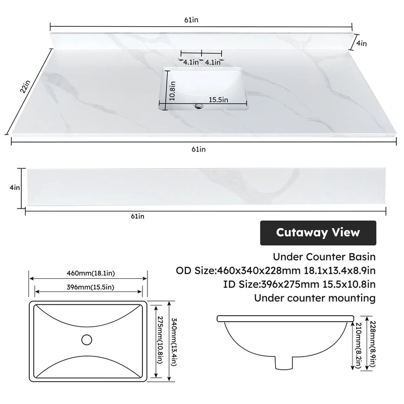 61-Inch Quartz Bathroom Vanity Top by HouseOfZazla