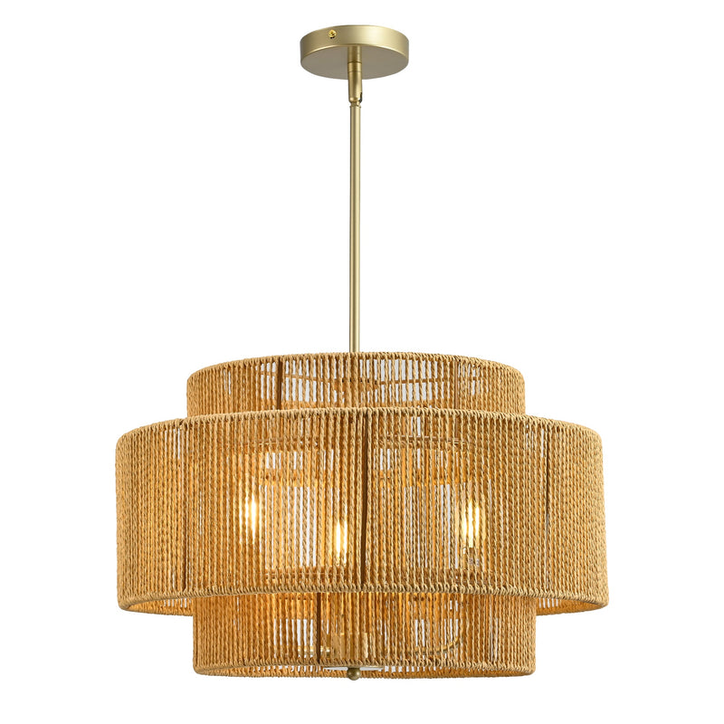 Boho Rattan Chandelier with Rustic Modern 3-Light Design - Natural Finish