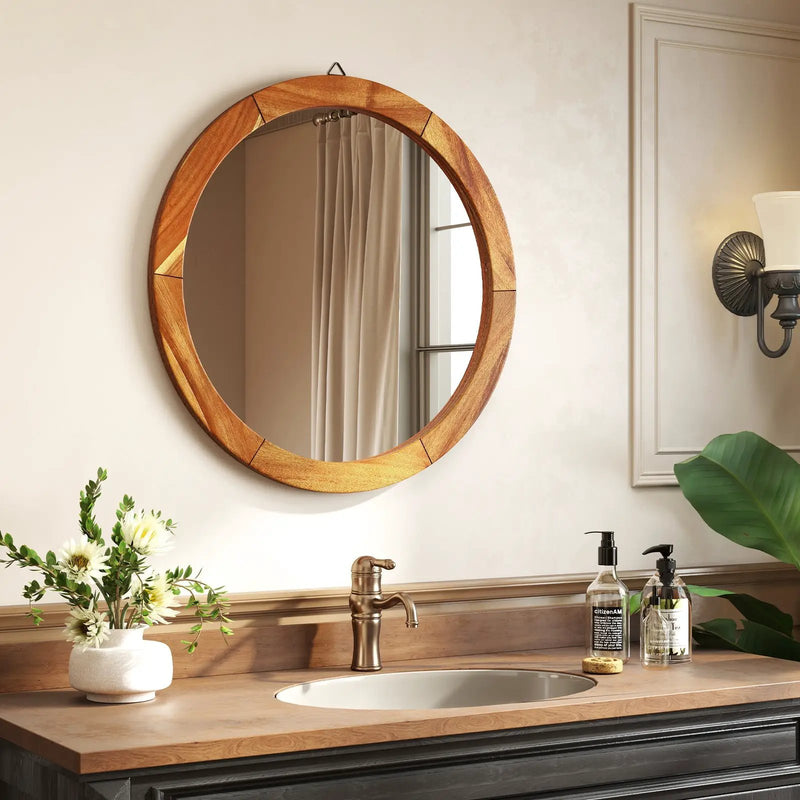 27 Inch Round Wall Mirror with Solid Acacia Wood Frame-Brown by DirectDeals