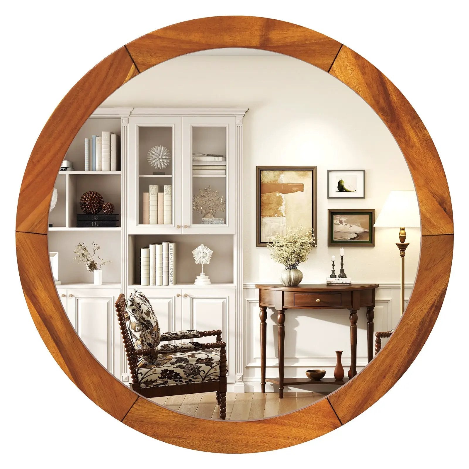 27 Inch Round Wall Mirror with Solid Acacia Wood Frame-Brown by DirectDeals