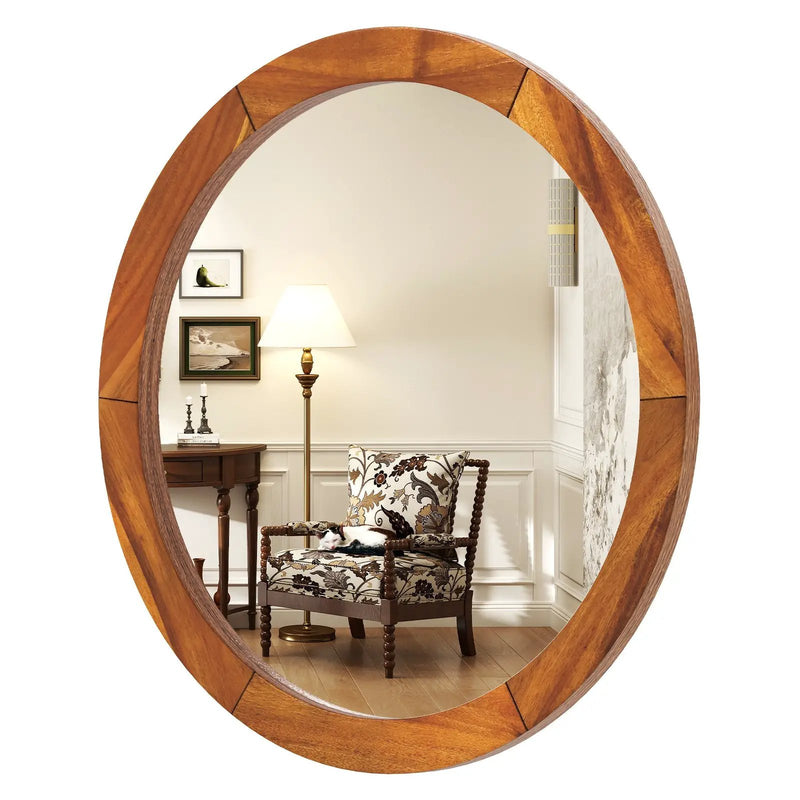 27 Inch Round Wall Mirror with Solid Acacia Wood Frame-Brown by DirectDeals
