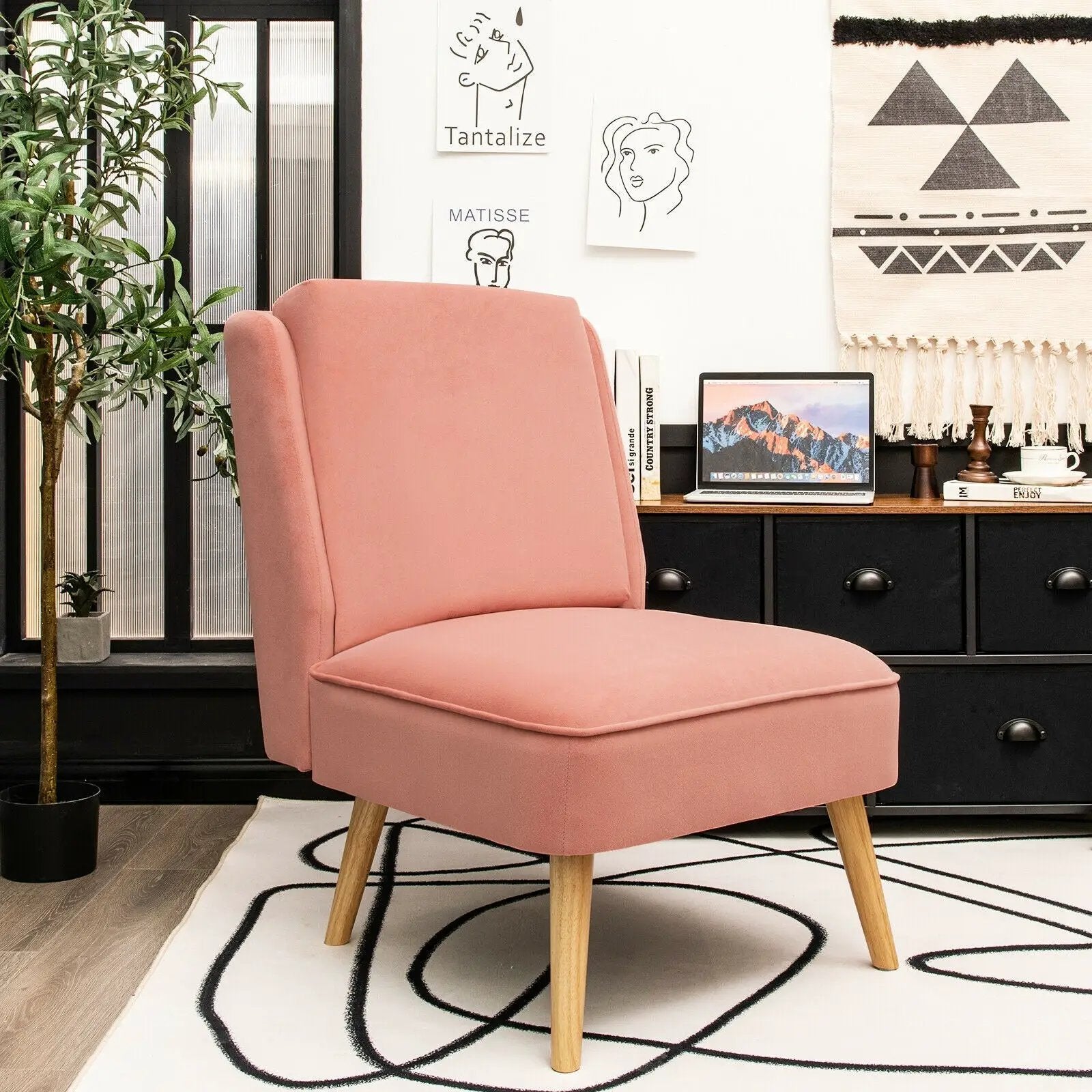 Velvet Accent Armless Side Chair with Rubber Wood Legs for Bedroom by DirectDeals
