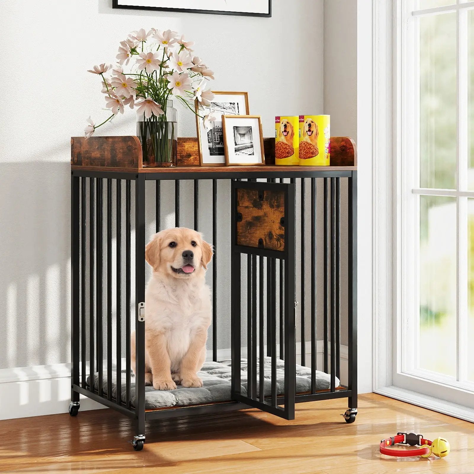 27.5 Inch Dog Crate Furniture with Wheels for Small Dogs and Puppies-Rustic Brown by DirectDeals