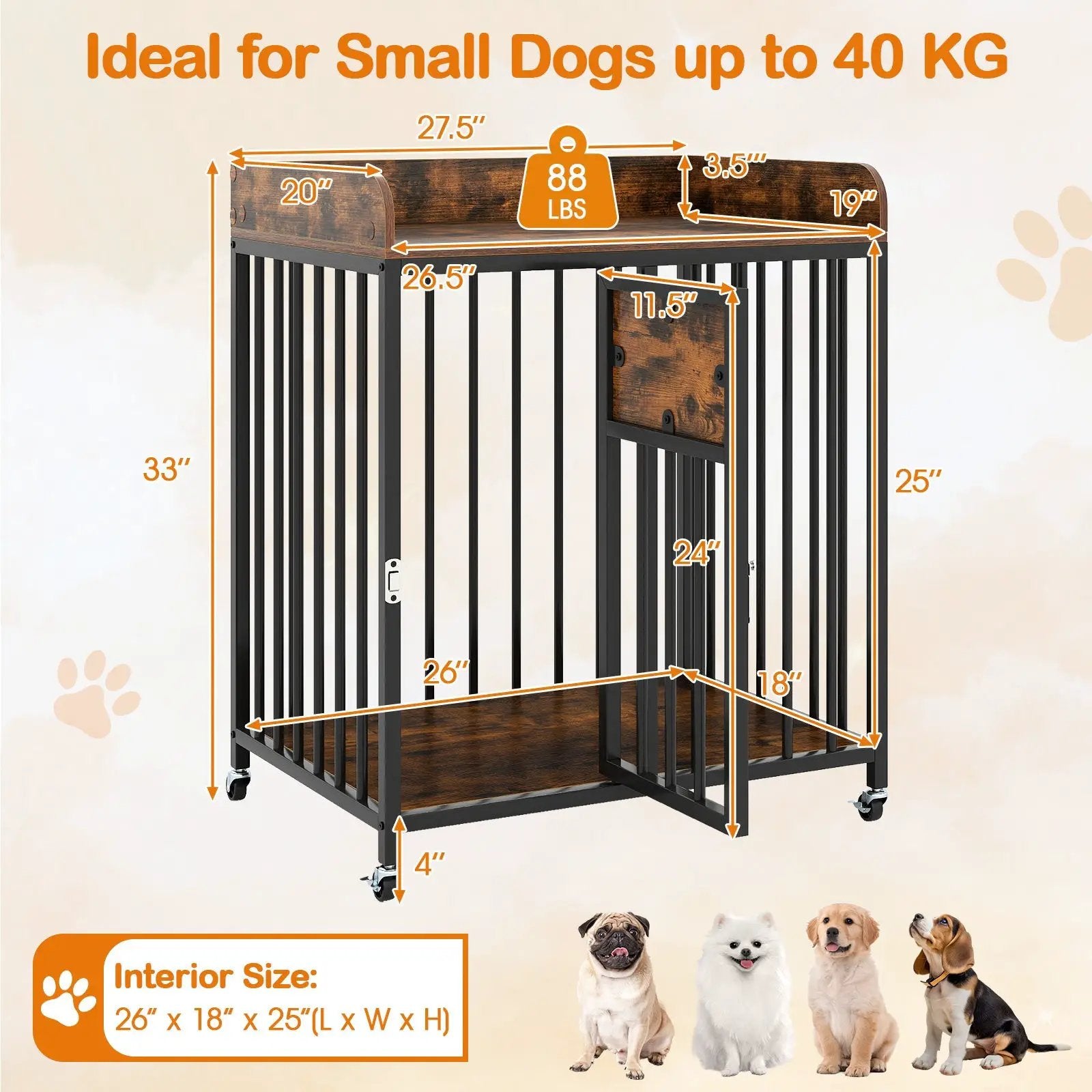 27.5 Inch Dog Crate Furniture with Wheels for Small Dogs and Puppies-Rustic Brown by DirectDeals