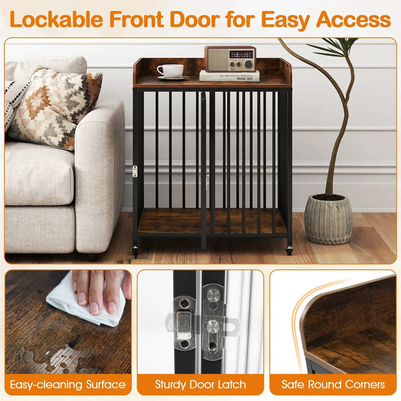 27.5 Inch Dog Crate Furniture with Wheels for Small Dogs and Puppies-Rustic Brown by DirectDeals