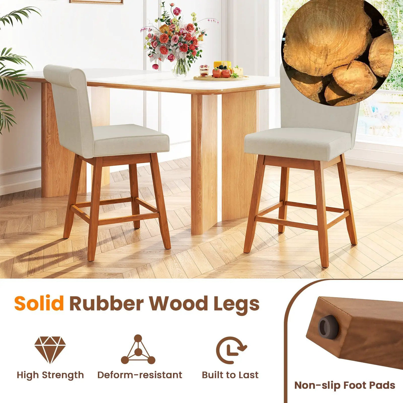 27 Inch Counter Height Bar Chairs with Rubber Wood Legs Set of 2 by DirectDeals