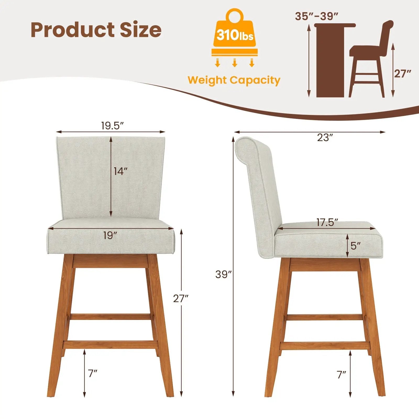 27 Inch Counter Height Bar Chairs with Rubber Wood Legs Set of 2 by DirectDeals
