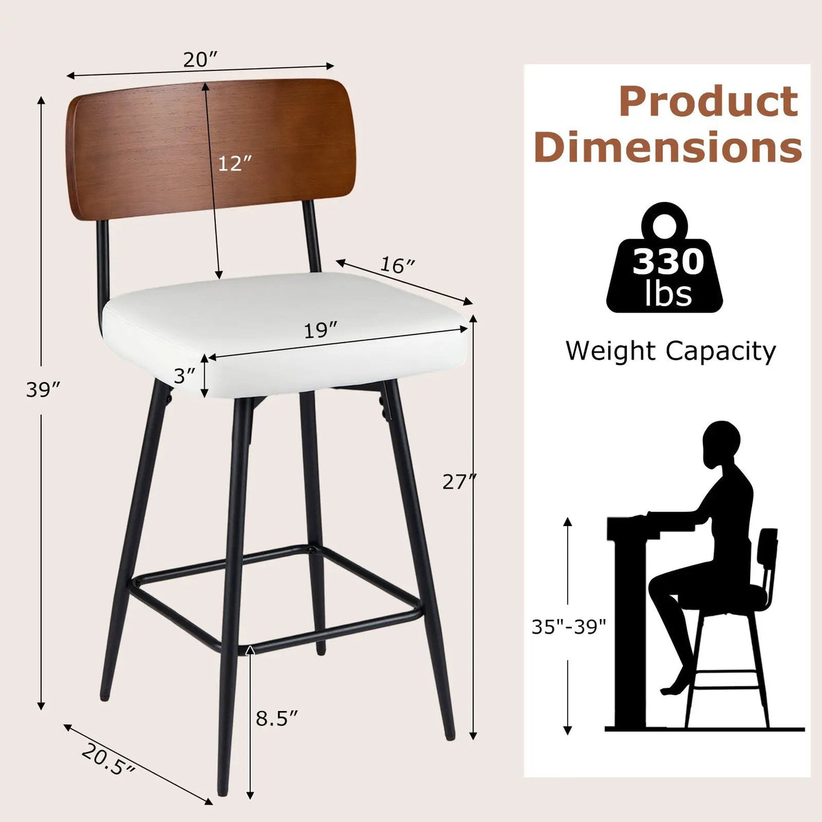 27 Inch Padded Counter Barstools Set of 2 with Metal Legs by DirectDeals