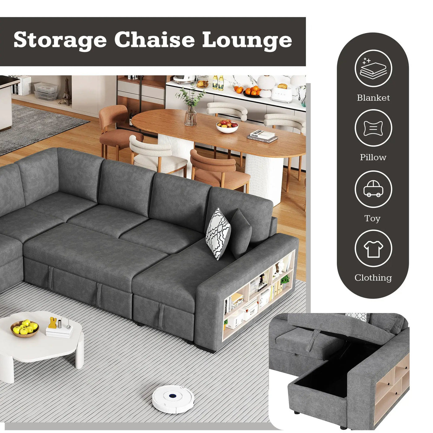 U-Shaped Sectional Sofa Pull-Out Sofa Bed With Two USB Ports, A Storage Chaise Lounge And Four Back Pillows For Living Room by Unique Piece Furniture