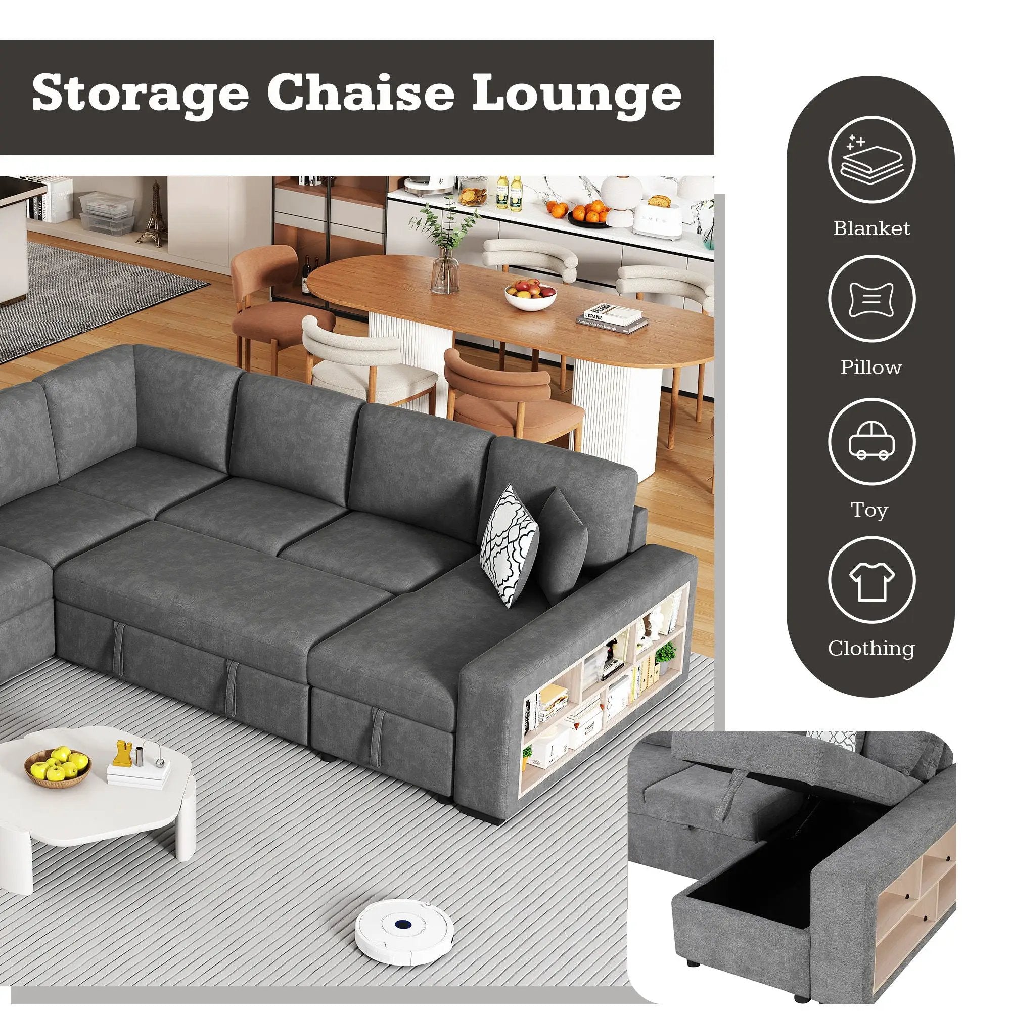U-Shaped Sectional Sofa Pull-Out Sofa Bed With Two USB Ports, A Storage Chaise Lounge And Four Back Pillows For Living Room by HouseOfZazla
