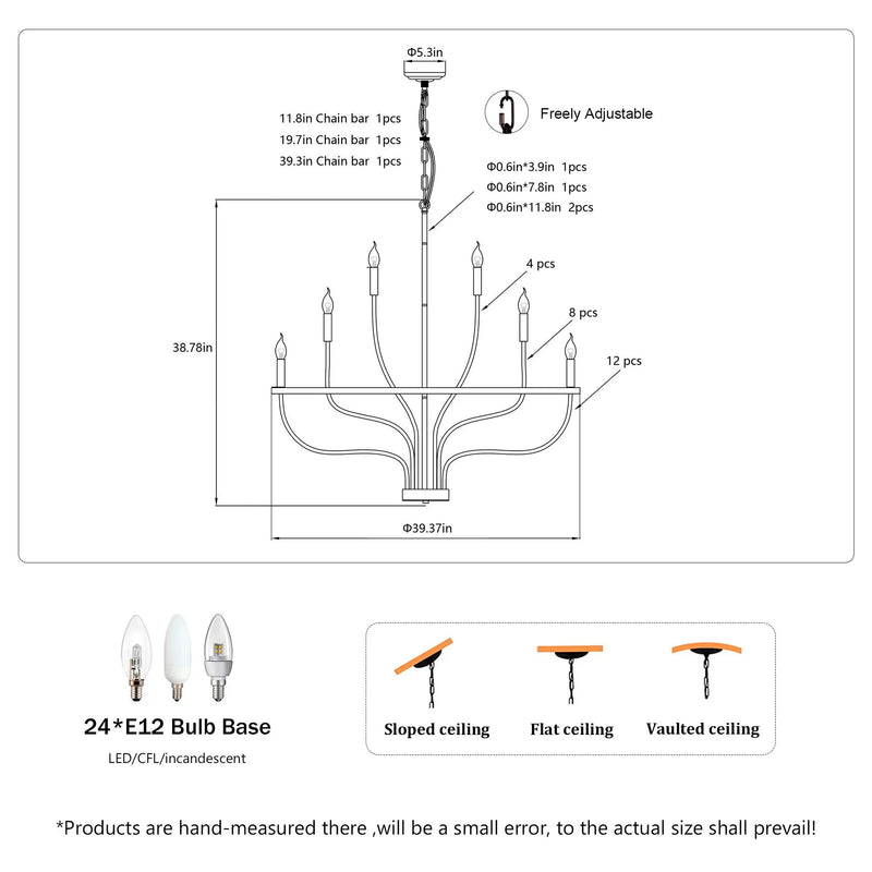 24 Light Chandelier Industrial Iron Candle Chandelier Modern Suspended Farmhouse Chandeliers Pendant Light Fixtures For Dining Room Bedroom Living Room Kitchen Island Foyer E12 Bulb (No Include) - Black by HouseOfZazla