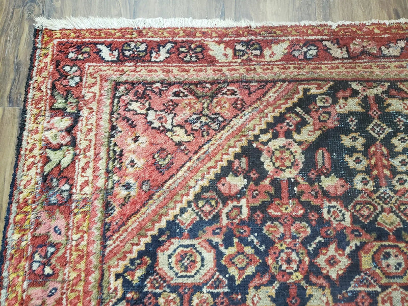 Antique Persian Mahal Area Rug 4.4 x 6.6, Wool Hand-Knotted Shabby Chic Oriental Rug, Red Black 1930s Foyer Room Carpet, Low Pile Boho Rug by Jewel Rugs