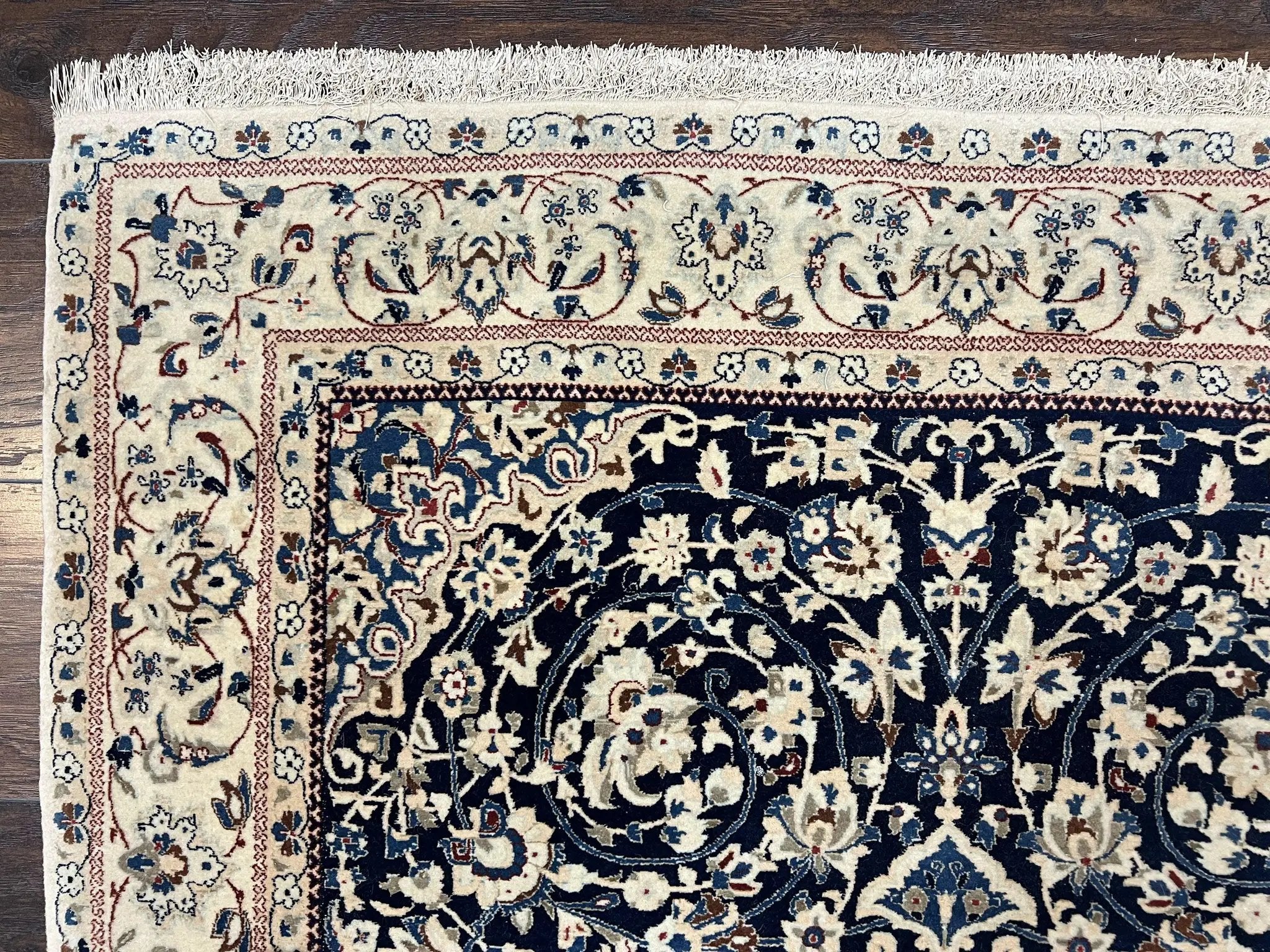 Very Fine Persian Nain Rug 3.7 x 6, Floral Medallion, Wool and Silk Accents, Highly Detailed, Hand Knotted Oriental Carpet, Navy Blue Ivory/Cream by Jewel Rugs