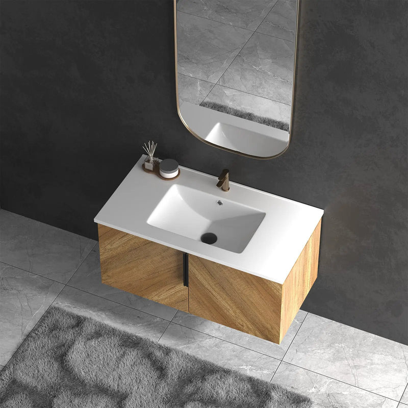 36 Inch Wall-Mounted Bathroom Vanity with 3D Fluted Panel & Ceramic Integrated Sink by HouseOfZazla