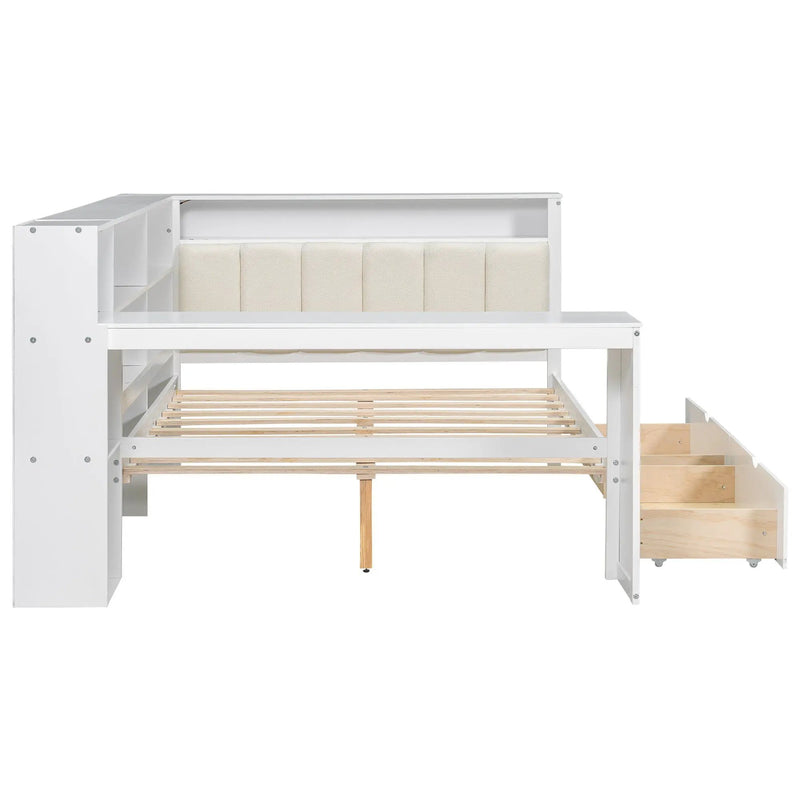 Platform Bed With Storage Shelves, Drawers, Charging Station, LED, Desk
