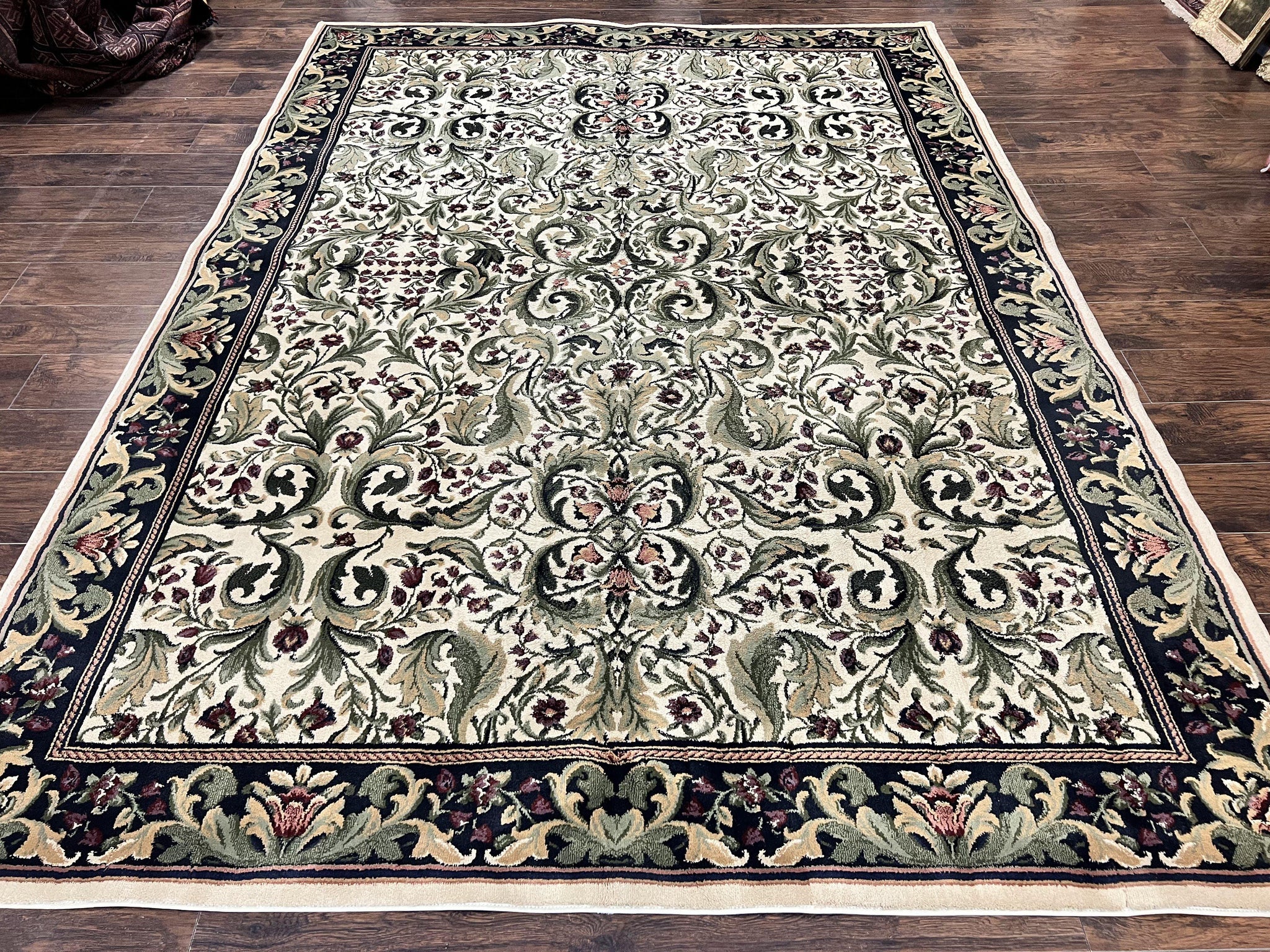 Oriental Rug 8x11, Floral Pattern, Ivory and Black by Jewel Rugs
