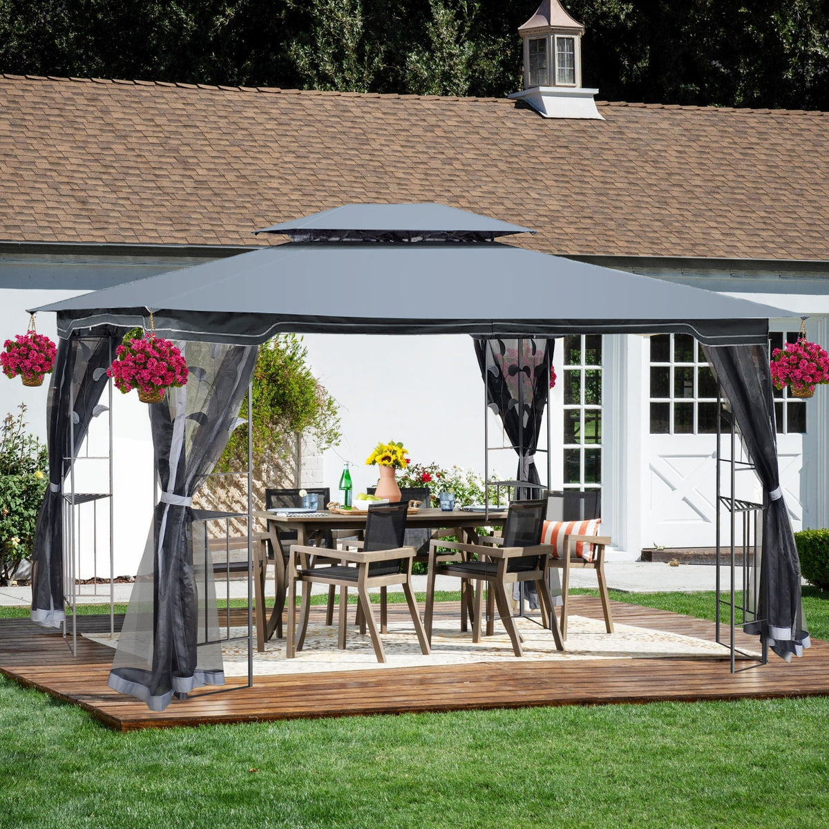 Patio Gazebo Tent with Double Roof and Mosquito Net - Dark Gray or Dark Brown, photo 3 of 8
