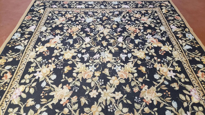 6x9 Vintage Needlepoint Rug, Petitepoint Carpet, Butterflies Floral Design by Jewel Rugs
