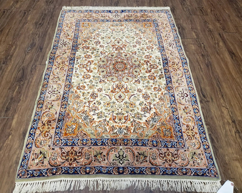 Vintage Persian Isfahan Lachak Toranj Rug, Highly Detailed, Kork Wool on Silk Foundation, Beige and Dark Blue, Hand-Knotted, 3'6" x 5' 4" by Jewel Rugs
