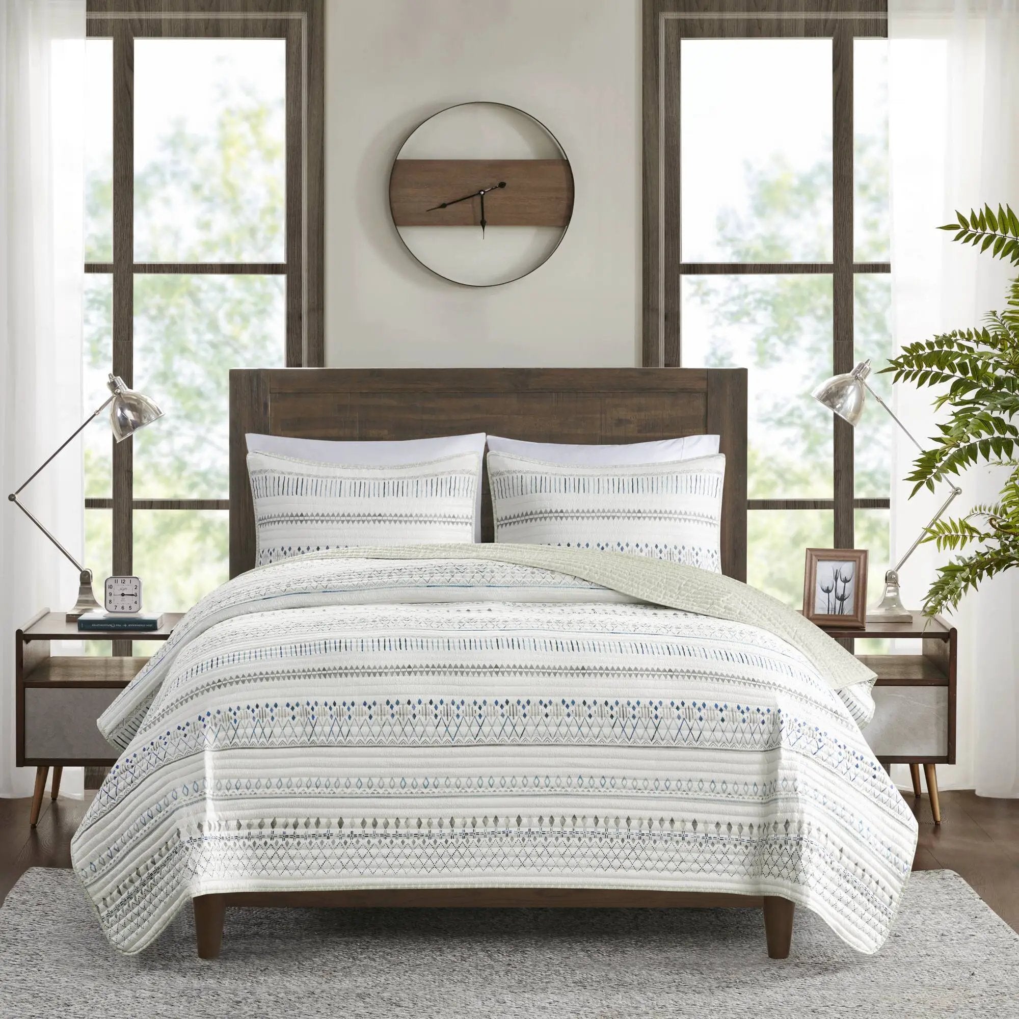 3 Piece Printed Microfiber Seersucker Quilt Set Taupe/Blue Full/Queen by HouseOfZazla