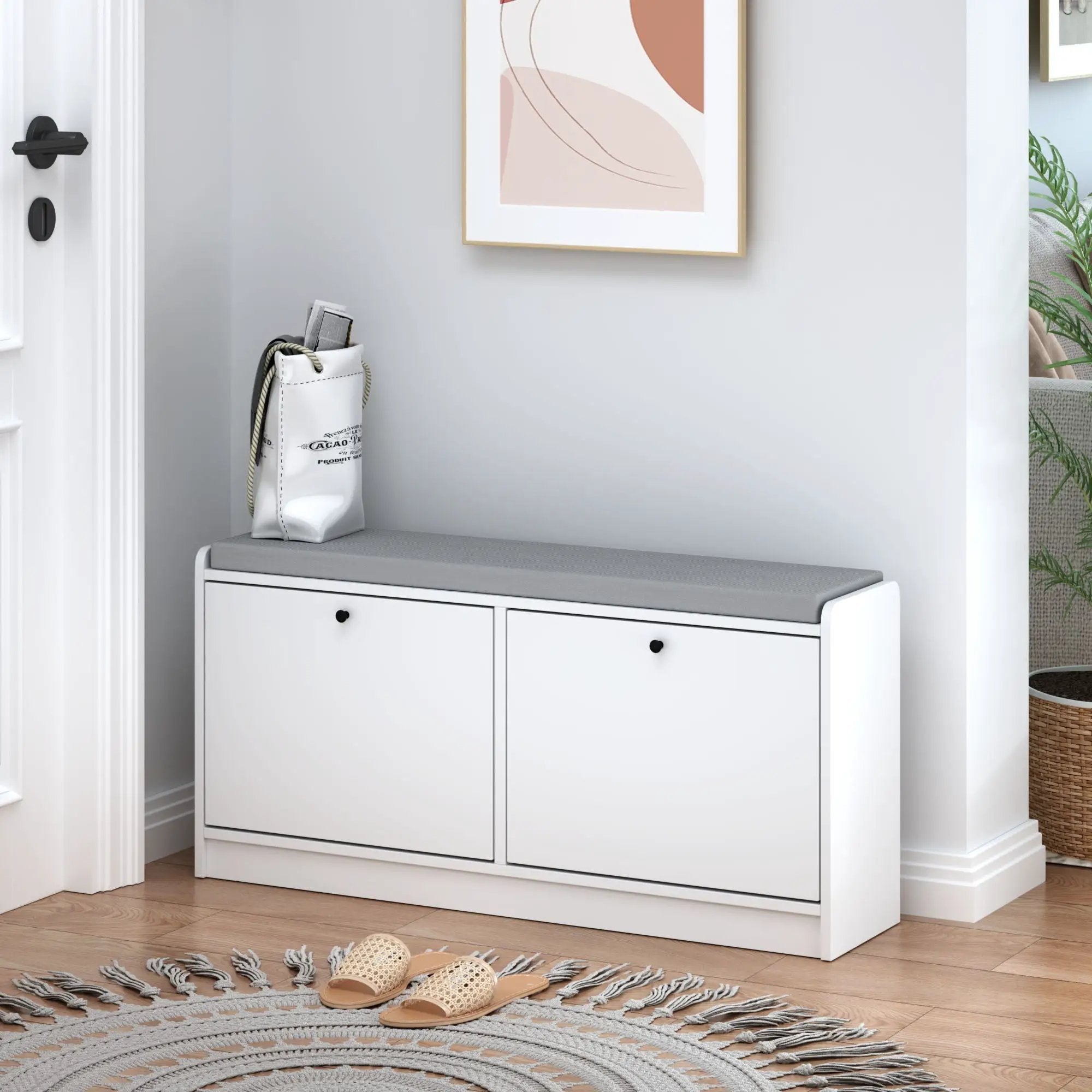 Shoe Storage Bench With Cushion, Entryway Organizer Cabinet For Hallway - White by HouseOfZazla