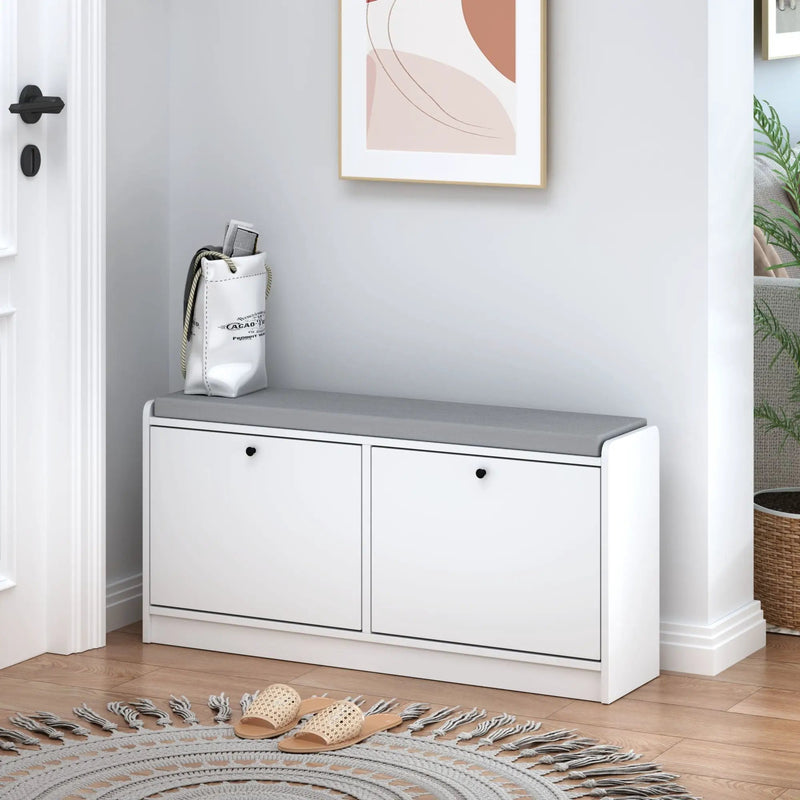 Shoe Storage Bench With Cushion, Entryway Organizer Cabinet For Hallway - White by HouseOfZazla