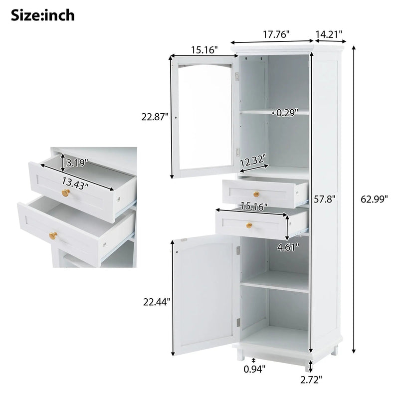 Tall Bathroom Storage Cabinet With Glass Doors, Free-Standing, Two Drawers, And Adjustable Shelves, Board, Painted Perfect For Displaying Your Favorite Items by HouseOfZazla