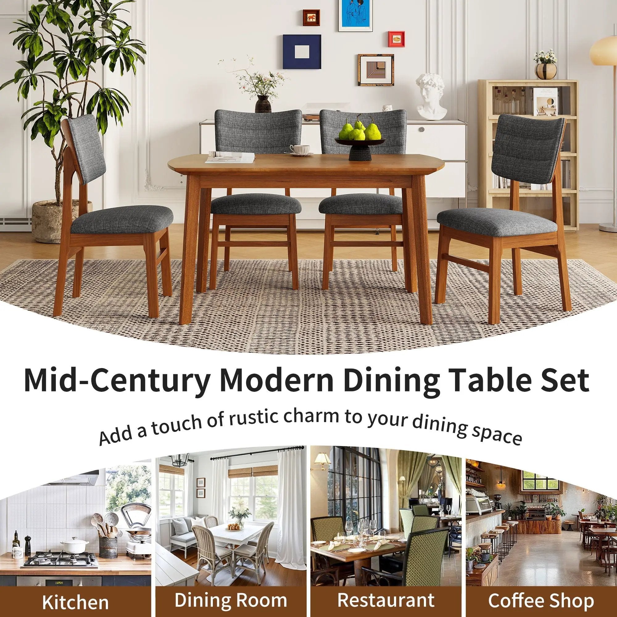 Mid Century Modern Dining Table Set For 4, Solid Wood Dining Table And Solid Wood Chairs, 5 Pieces Farmhouse Dining Table And 4 Upholstered Chairs - Brown / Gray by HouseOfZazla