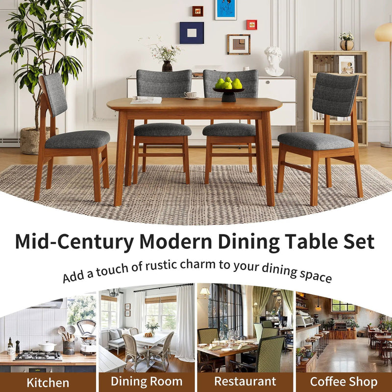 Mid Century Modern Dining Table Set For 4, Solid Wood Dining Table And Solid Wood Chairs, 5 Pieces Farmhouse Dining Table And 4 Upholstered Chairs - Brown / Gray by HouseOfZazla