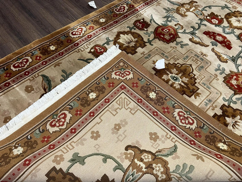 Chinese Wool Rug 5.9 x 9, Tan and Brown Asian Art Deco Carpet, Vintage 1960s Oriental Rug, Hand-Knotted Rug, Soft Wool, Medallion, Pair B by Jewel Rugs