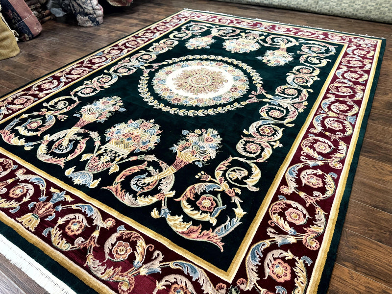 Aubusson Rug 9x12, Dark Green, European Design, Vintage Fine Handmade Carpet, Elegant by Jewel Rugs