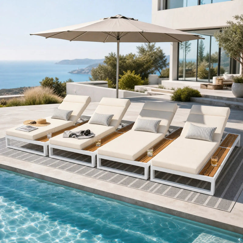 White Iron & Teak Finish Chaise Lounge Set: 1 Frame + 1 4-Fold by HouseOfZazla