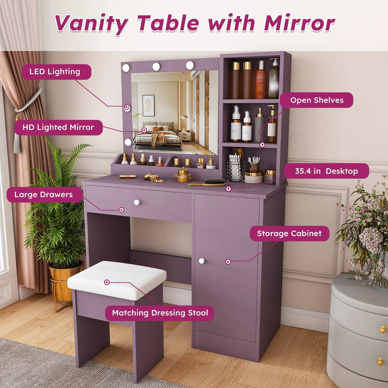 Stylish Vanity Desk Set with Padded Stool & Adjustable Lighted Mirror by HouseOfZazla
