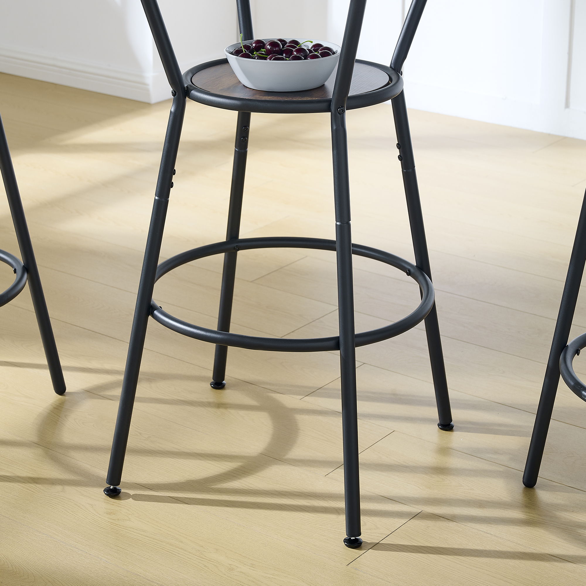 Rustic Brown Round Bar Table And Stool Set With Shelf, Upholstered Stool With Backrest - Antique Brown