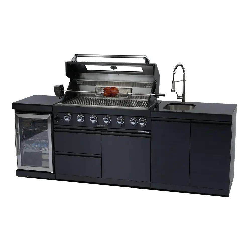NG 95" 6-Burner 85000 BTU Black Outdoor Kitchen Island Grill Rotisserie kit Granite Countertops by Chery Industrial