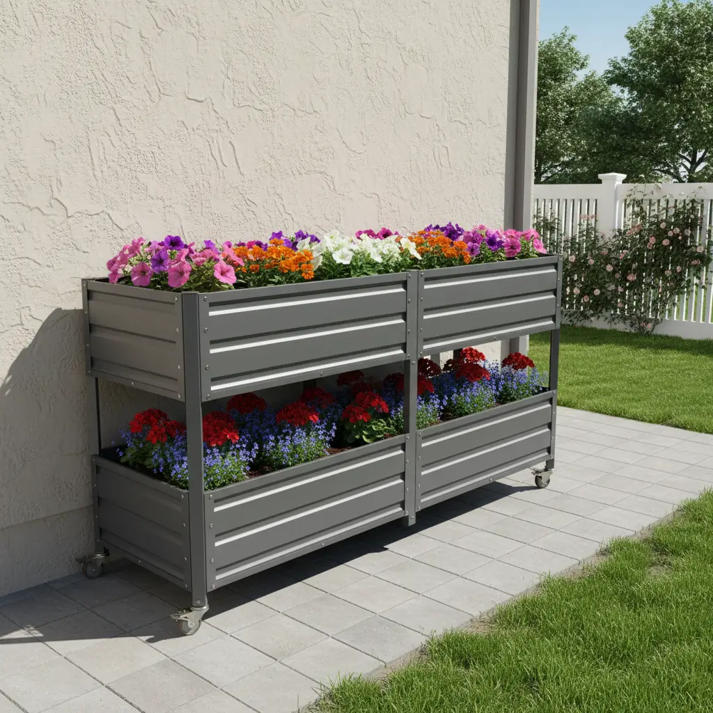 Dual Tier Elevated Metal Raised Garden Bed with Lockable Wheels by HouseOfZazla