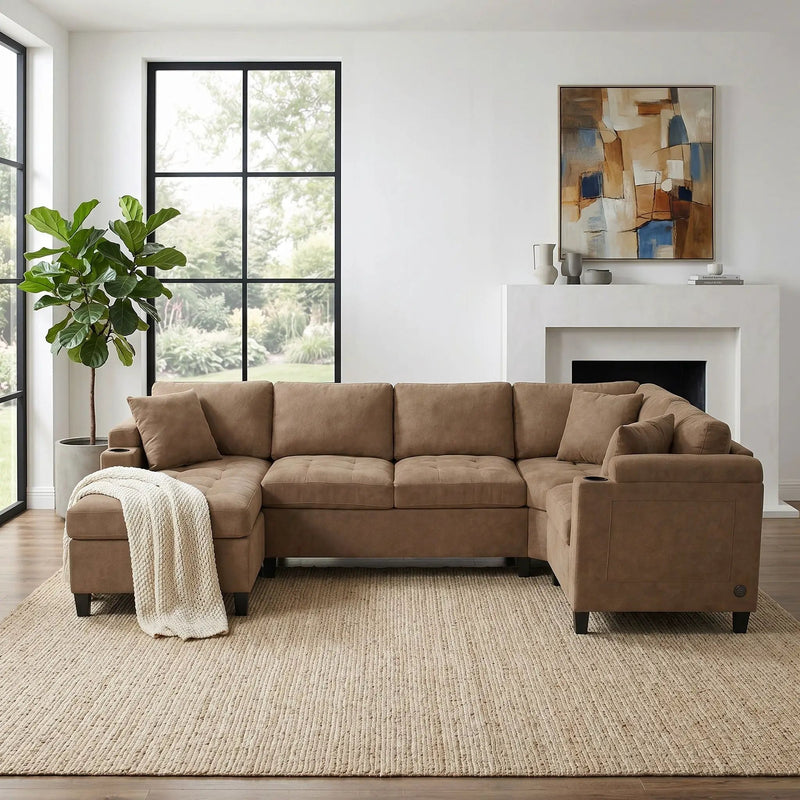 U Shaped Sectional Sofa, Corner Living Room Couch With Built In Cup Holders, Storage, USB Ports by HouseOfZazla